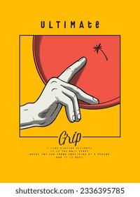 Ultimate grip. Hand holding disc. Vintage typography silkscreen t-shirt print vector illustration.
