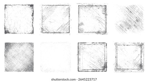 Coleção de Quadros de Textura do Grunge Ultimate. Sobreposições angustiadas com arranhões, ruído e efeitos manchados. Versátil Vintage Border Background Designs em preto sobre branco. Pacote Vetor Isolado.
