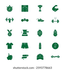 Ultimate Gym Essentials – Tools, Equipment, and Accessories for Every Athlete icons set.