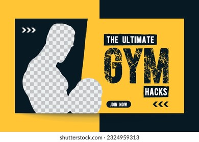 Le gymnase ultime hacks miniature et bannière Web modèle vectoriel, modifiable, fitness, astuces, gym, entraînement