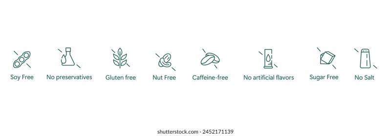 Icono De La Mejor Comida Saludable: Sin Soja, Sin Conservantes, Sin Gluten, Sin Nueces, Sin Cafeína, Sin Sabor, Sin Azúcar, Sin Sal Diseño De Vector