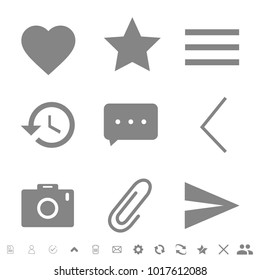 Ultimate icon pack for mobile or desktop application. Set of icons: send, camera, message, notification, group, contacts, add, recents, arrow, back, star, heart, more, refresh, bin, document. Vector