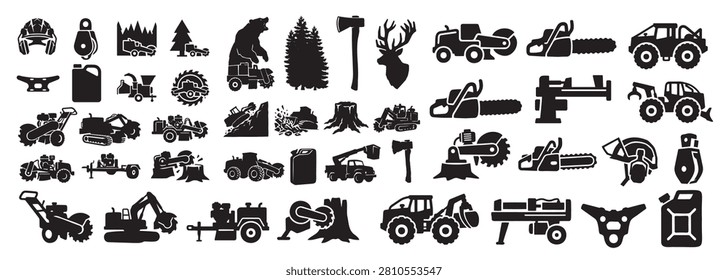 Ultimate Land Clearing Forestry Vector Silhouette Bundle - Tree Service Machinery Icon Pack - Commercial Logging Equipment Master Collection

Supercharge your digital download storefront listings with this mega compilation showcasing a massive variety of tools built exclusively for the timber and clearing industries. This professional master compilation arranges a huge grid layout of distinct silhouettes, combining every single heavy machinery icon from walk-behind grinders, tracked excavators, logging trucks, and skid steers to support items like chainsaws, safety helmets, fuel cans, woodcutters axes, wild bears, and pine trees.

Masterfully rendered in flat solid configurations without any distracting gradients or textures, this comprehensive collection provides superior versatility for high-resolution physical rendering. Perfectly recommended for customized commercial brand identities, trade school educational posters, rugged lifestyle contractor sticker packs, and screen-printed sports team apparel.