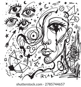 An ultimate minimal surrealist abstract composition featuring spontaneous black ink brush strokes on a white textured canvas. This dreamlike artwork combines floating eyes, distorted face outlines, and cosmic doodles with abstract melting curves and irrational geometric forms, creating a raw, high-contrast monochrome aesthetic inspired by surrealist expressionism.