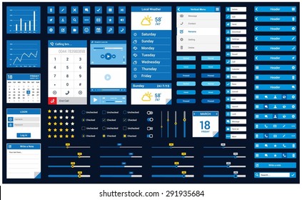 Ultimate Mobile Retina ready ui kit | Mobile application design flow - elements: header, icon button, app, slider, scroll, notes - flat Mobile web Ui elements for mobile or tablet and web application