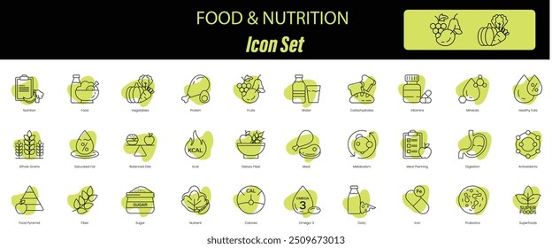 Nutrição e Bem-Estar Ícones Vetoriais: Nutrição, Alimentos, Vegetais, Proteína, Frutas, Água, Carboidratos, Vitaminas, Minerais, Gorduras Saudáveis, Grão Inteiro, Gorduras Saturadas, Dieta Equilibrada, K-Cal