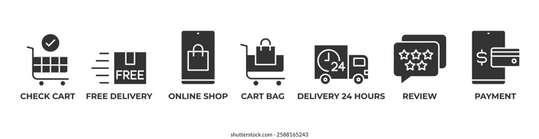 Ultimate Online Shopping Icons set vector glyph illustration with CHECK CART, FREE DELIVERY, ONLINE SHOP, CART BAG, DELIVERY 24 HOURS, REVIEW, PAYMENT