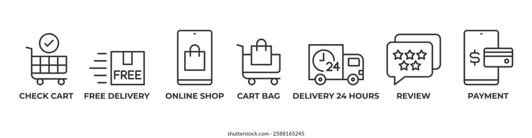 Ultimate Online Shopping Icons set vector outline illustration with CHECK CART, FREE DELIVERY, ONLINE SHOP, CART BAG, DELIVERY 24 HOURS, REVIEW, PAYMENT