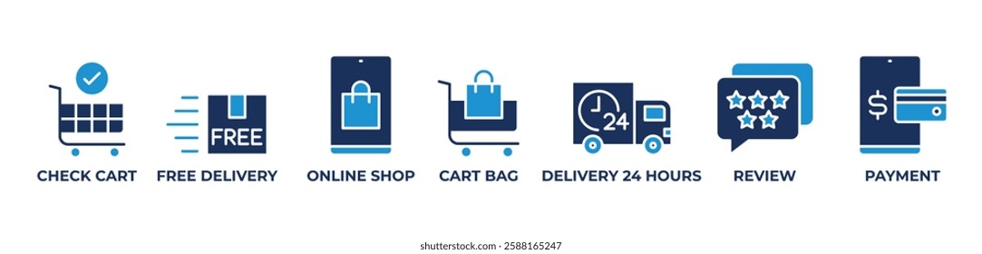 Ultimate Online Shopping Icons set vector blue illustration with CHECK CART, FREE DELIVERY, ONLINE SHOP, CART BAG, DELIVERY 24 HOURS, REVIEW, PAYMENT