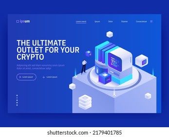 Ultimate outlet for your crypto isometric vector image on blue background. Buy and sell cryptocurrency. Blockchain trading technology. Web banner with space for text. Composition with 3d components