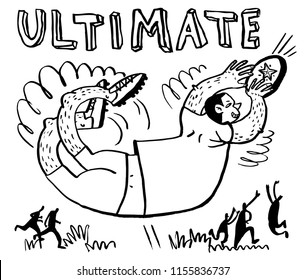 Ultimate players. Men catching flying disc. Sport competition. Doodle sketchy style cute vector illustration with people in action. Design element for t-shirt 