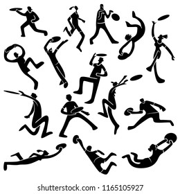 Ultimate players silhouettes. Boy and girl catching flying disc. Sport competition shapes. Flat funny style cute vector illustration with people in action. Design element for t-shirt