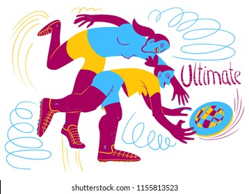 Ultimate players. Women catching flying disc. Sport competition. Flat funny style cute vector illustration with people in action. Design element for t-shirt 