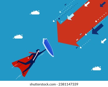 ultimate protection from crises. Businessman hero holding flying shield defending against arrow attacks