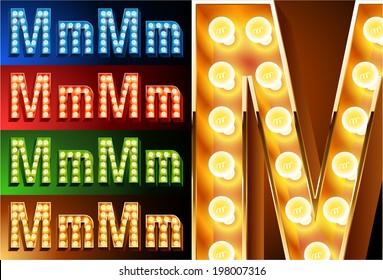 Ultimate realistic lamp board alphabet. Condensed style. Left and right options. Multicolored. Letter m