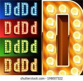 Ultimate realistic lamp board alphabet. Condensed style. Left and right options. Multicolored. Letter d