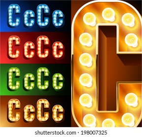 Ultimate realistic lamp board alphabet. Condensed style. Left and right options. Multicolored. Letter c