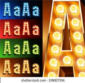 Ultimate realistic lamp board alphabet. Condensed style. Left and right options. Multicolored. Letter a