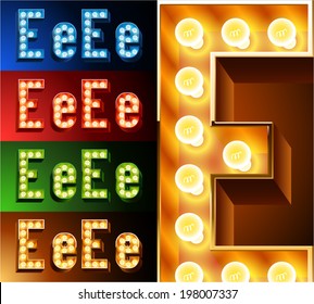 Ultimate realistic lamp board alphabet. Condensed style. Left and right options. Multicolored. Letter e