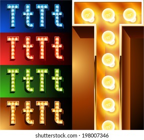 Ultimate realistic lamp board alphabet. Condensed style. Left and right options. Multicolored. Letter t