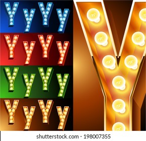 Ultimate realistic lamp board alphabet. Condensed style. Left and right options. Multicolored. Letter y