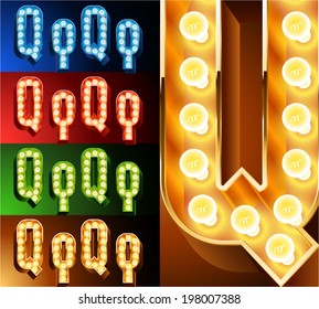 Ultimate realistic lamp board alphabet. Condensed style. Left and right options. Multicolored. Letter q