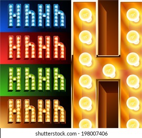 Ultimate realistic lamp board alphabet. Condensed style. Left and right options. Multicolored. Letter h