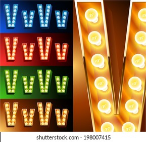 Ultimate realistic lamp board alphabet. Condensed style. Left and right options. Multicolored. Letter v