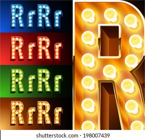 Ultimate realistic lamp board alphabet. Condensed style. Left and right options. Multicolored. Letter r