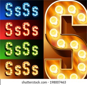 Ultimate realistic lamp board alphabet. Condensed style. Left and right options. Multicolored. Letter s