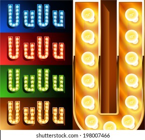 Ultimate realistic lamp board alphabet. Condensed style. Left and right options. Multicolored. Letter u