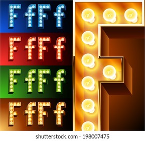 Ultimate realistic lamp board alphabet. Condensed style. Left and right options. Multicolored. Letter f