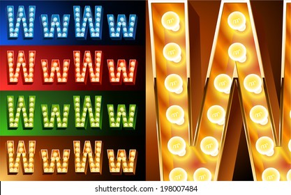 Ultimate realistic lamp board alphabet. Condensed style. Left and right options. Multicolored. Letter w