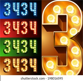 Ultimate realistic lamp board alphabet. Condensed style. Left and right options. Multicolored. Numbers 3- 4