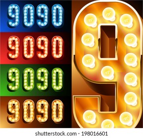 Ultimate realistic lamp board alphabet. Condensed style. Left and right options. Multicolored. Numbers 9 -0