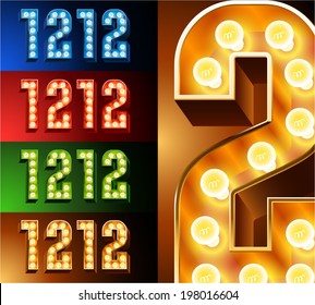 Ultimate realistic lamp board alphabet. Condensed style. Left and right options. Multicolored. Numbers 1 - 2