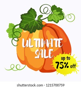 Ultimate sale up to 75% off sticker vector design with orange ripe pumpkin, green leaves and stems on the white background. 