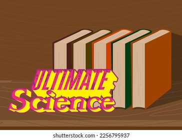 Ultimate Science word on a book, cartoon vector illustration.