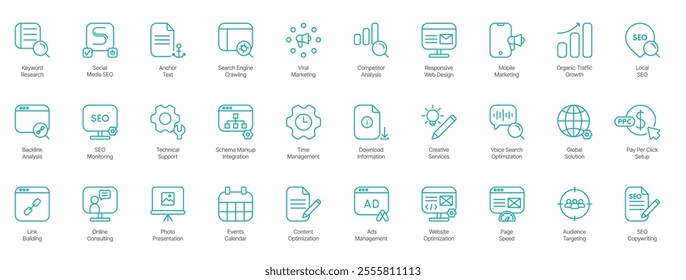 Ultimate SEO and Digital Marketing Icon Set – Keyword Research, Social Media SEO, Anchor Text, Search Engine Crawling, Viral Marketing, Computer Analysis, Responsive Web Design, Mobile Marketing 