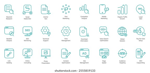 Ultimate SEO and Digital Marketing Icon Set – Keyword Research, Social Media SEO, Anchor Text, Viral Marketing, Competitor Analysis, Mobile Marketing, Organic Traffic Growth, Local SEO 