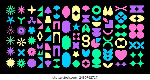Ultimate set of abstract geometric shapes, icons and grids. Minimalist, brutal, Y2K, bauhaus style. Lots of vector images of fashionable modern graphic elements and primitive. Colorful composition.