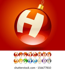 Ultimate set of alphabet font symbols on Christmas balls. Letter h