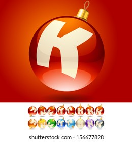 Ultimate set of alphabet font symbols on Christmas balls. Letter k