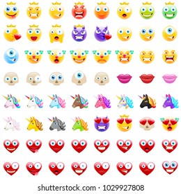 Ultimate Set of Modern Emojis, Emoticons Realistic Vector Illustration Symbols. Variety of Emotions. Clowns, Cyclops, Devils, Lips, Skulls, Unicorns, Hearts, Crown on Smileys
