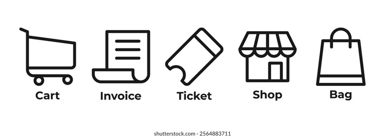 The Ultimate Shopping Journey Icons set vector illustration with cart, invoice, ticket, shop, bag