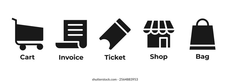 The Ultimate Shopping Journey Icons set vector illustration with cart, invoice, ticket, shop, bag