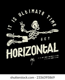 Ultimate skeleton. Skeleton jumping and catching the disc. Get horizontal silkscreen vintage typography t-shirt print vector illustration.