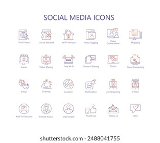 Ultimate Social Media Icons: Male Avatar, Female Avatar, Follow Us, Content Sharing, Social Network, Wifi Hot Spot, Photo Tagging, Video Conversation, Find Friend, Emoji, Thumb Up, Chatting.