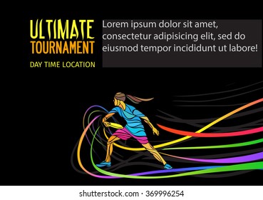 Ultimate sport, flying disc invitation poster or flyer background with female sportsman and empty space, banner template