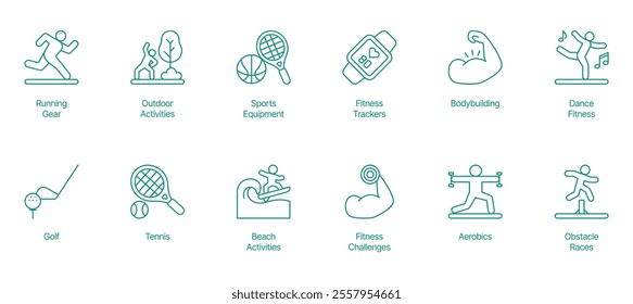 Ultimate Sports and Fitness Icon Set - Vector Illustrations for Running Gear, Outdoor Activities, Sports Equipment, Fitness Trackers, Bodybuilding, Dance Fitness, Golf, Tennis, Beach Activities, 